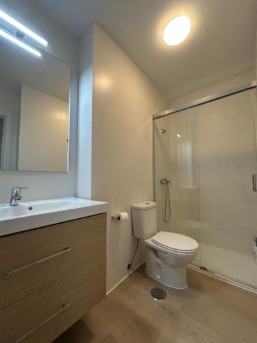 a bathroom with a toilet and a sink and a shower at Apartamento Manuel Cue en el centro de Llanes in Llanes