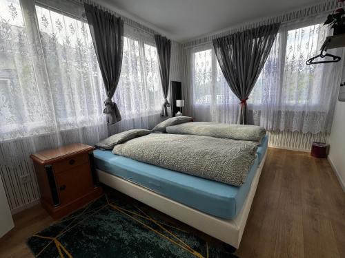 a bedroom with a bed and windows with curtains at Studio apartment - Park view - for 2 guests in Thun