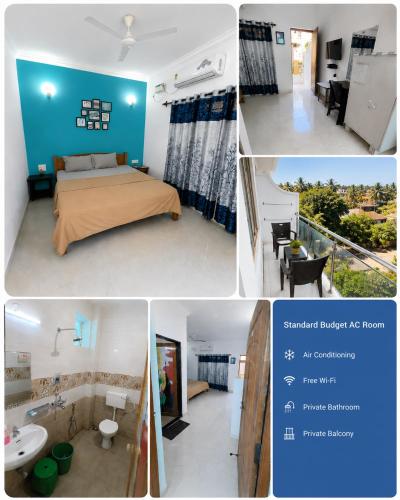 a collage of photos of a bedroom and a living room at Aurevia Stays - 400m from beach in Calangute