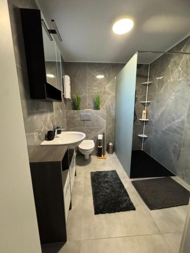a bathroom with a sink and a toilet and a shower at Monteurzimmer Wohnung in Dillingen an der Saar