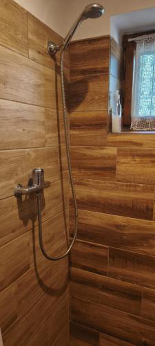 a shower in a bathroom with a wooden wall at Chata v lese pri rieke Bela in Pribylina