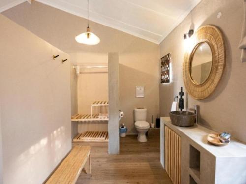 a bathroom with a sink and a toilet and a mirror at Fever Tree Self Catering in Hillcrest