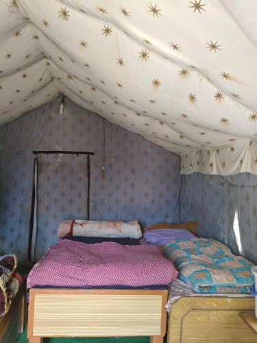 a bed in a room with a ceiling with stars on it at HIMALAYAN ESCAPE CAMP chopta in Chopta