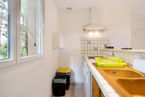 a kitchen with a yellow sink and a window at Gite Girolle in Salignac Eyvigues