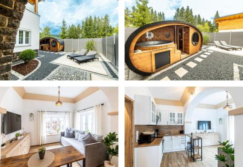 a collage of four pictures of a tiny house at Ferienbahnhof Fichtental Bahnhofs-Apartment in Prackenbach