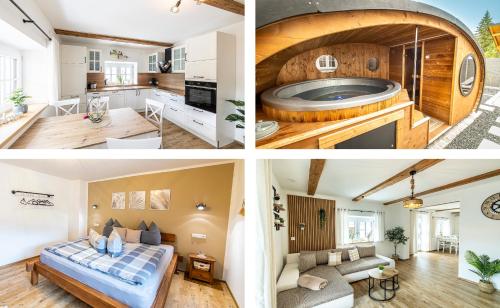 a collage of three pictures of a room at Ferienbahnhof Fichtental Bahnhofs-Lodge in Prackenbach
