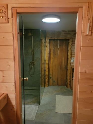 a walk in shower in a room with a glass door at Na końcu dróżki in Radoniów