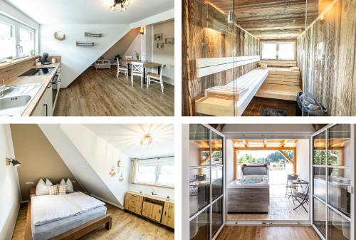 a collage of three pictures of a tiny house at Ferienbahnhof Fichtental Bahnhofs-Loft in Prackenbach