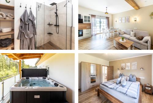 a collage of three pictures of a bathroom and a room at Ferienbahnhof Fichtental Gleisblick Lounge in Prackenbach