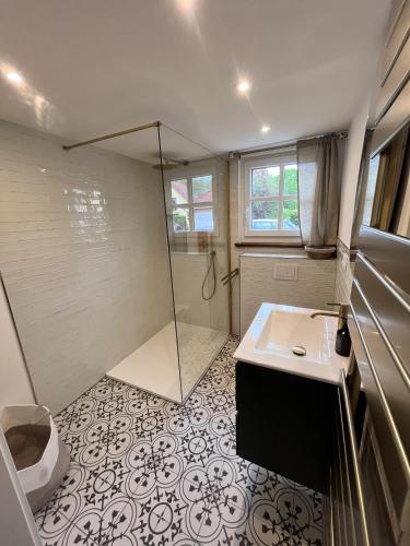 a small bathroom with a shower and a sink at Wooden Silence - Wo Ruhe zuhause ist in Soltau