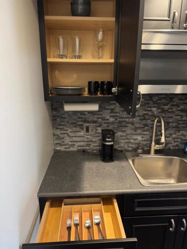 a small kitchen with a sink and a counter top at The Sandusky Melrose - Next to the Cedar Point Sports Center and Sports Force! Recently Renovated! in Sandusky