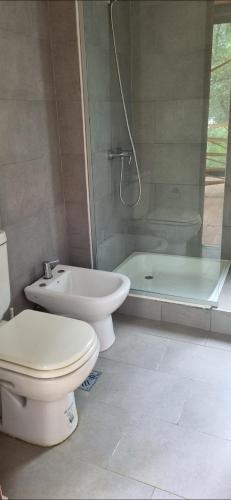 a bathroom with a toilet and a sink and a shower at Loft La Misión in Salta