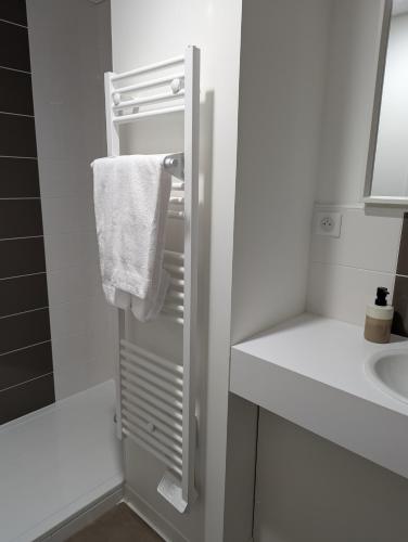 a white bathroom with a refrigerator and a sink at Chambres au vert - Proche aéroport et Nantes in Saint-Aignan-Grand-Lieu