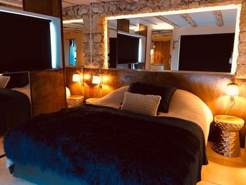 a bedroom with a large bed with a large mirror at PRIVATE ROOM & SPA avec Jacuzzi privatif in Lorgues
