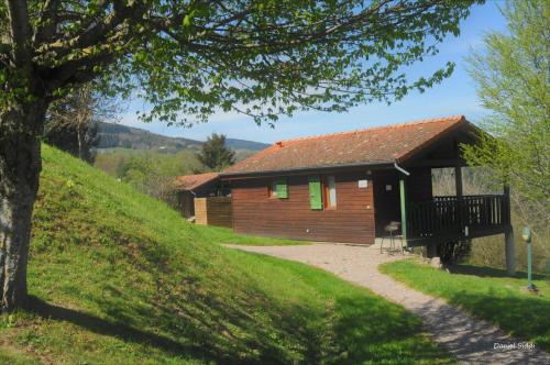 a log cabin on a grassy hill with a pathway at Les Noës - Parc des chalets in Saint-Rirand