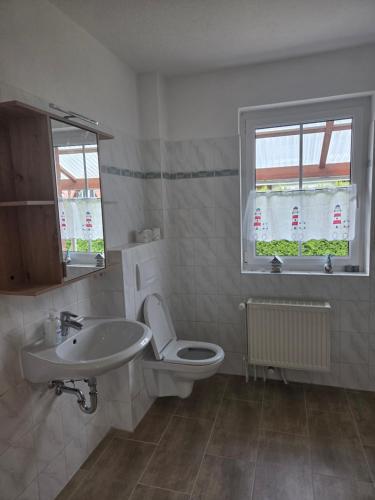 a bathroom with a sink and a toilet and a window at Monteuerwohnung in ruhiger Lage in Möser