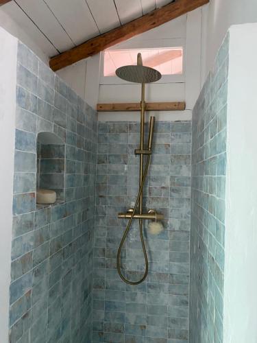 a bathroom with a shower with blue tiles at Sigals Art B and More in Alcalá la Real