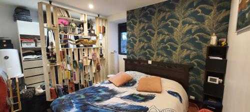 a bedroom with a bed and a book shelf at La cazelle, dependance du 18 siecle, jacuzzi in Carsac-Aillac