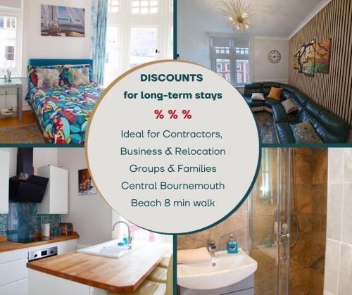 a collage of photos of a bathroom and a bedroom at High Street 3BR city views near beach - Groups, Families, Contractors in Bournemouth