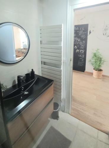 a bathroom with a black sink and a mirror at La Bulle Gambetta in Angoulême