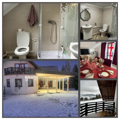 a collage of pictures of a bathroom and a house at Casa Albă in Vatra Moldoviţei