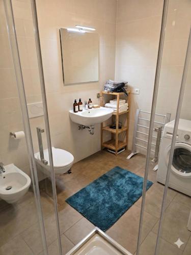 a bathroom with a sink and a toilet and a mirror at Apartment Bruneck Central in Brunico