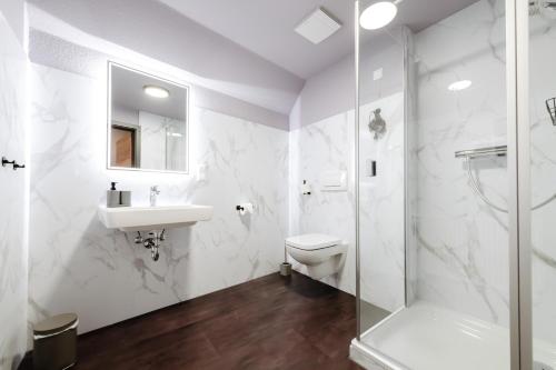 a bathroom with a sink toilet and a shower at HarzHold - Apartmenthotel in Osterode
