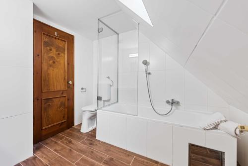 a white bathroom with a shower and a toilet at Erlaufsee Estate by Landluft in Mitterbach