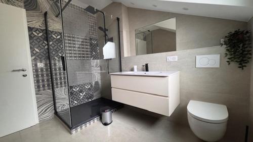 a bathroom with a shower and a toilet and a sink at Angel Services - Le Vivier in Talloires