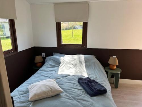 a bed in a bedroom with two windows at De oude stal in Sleen