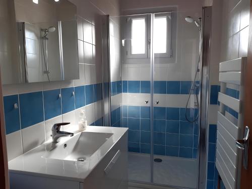 a bathroom with a sink and a shower at Gîte Du Mas De La Font in Meyrueis