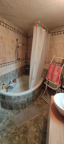 a bathroom with a tub and a shower and a sink at Lou Mazet - Entre Vignes et Garrigue in Valflaunès