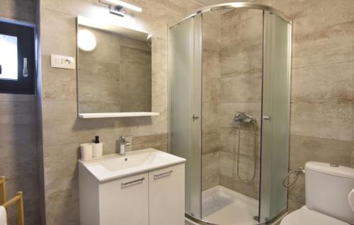 a bathroom with a shower and a sink and a toilet at Comfortable vacation retreat with parking in Plovanija