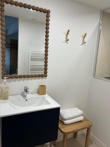 a bathroom with a sink and a mirror at Maison Cerise in Arles