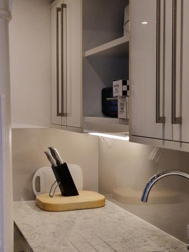 a kitchen with a knife block on a counter at 8 Mill Wharf in Berwick-Upon-Tweed