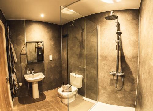 a bathroom with a shower and a toilet and a sink at Willows in Rosedale Abbey