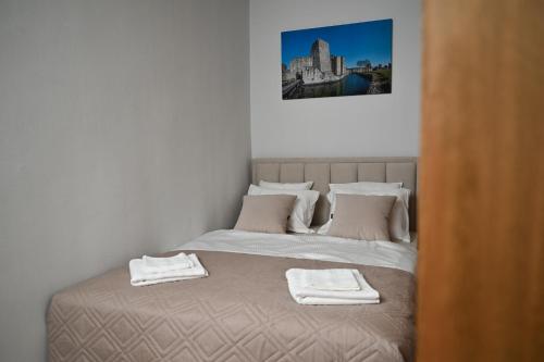 a bedroom with a bed with two towels on it at Ana Central Studio in Smederevo