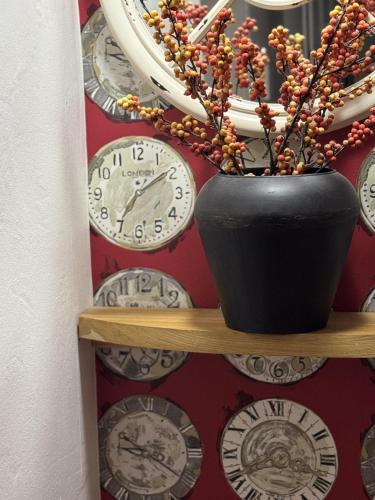 a shelf with clocks on a wall with a plant at The Old Fourpenny Shop Hotel in Warwick