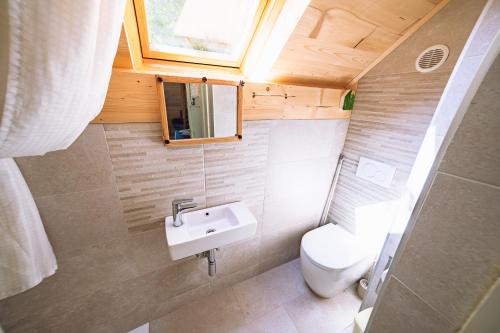 a small bathroom with a toilet and a sink at Sweet Bee Cottage in Bovec