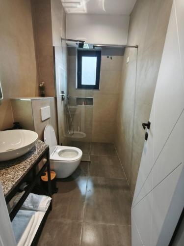 a bathroom with a toilet and a sink at Velia Rooms in Përmet