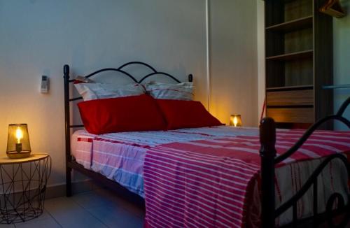 a bedroom with a bed with red pillows at Cocon Kréyòl in Sainte-Anne