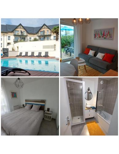a collage of four pictures of a bedroom and a pool at le loft de la riviéra in Bénodet