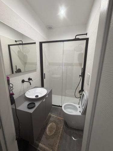 a bathroom with a shower and a toilet and a sink at B & B Yaya in Taranto