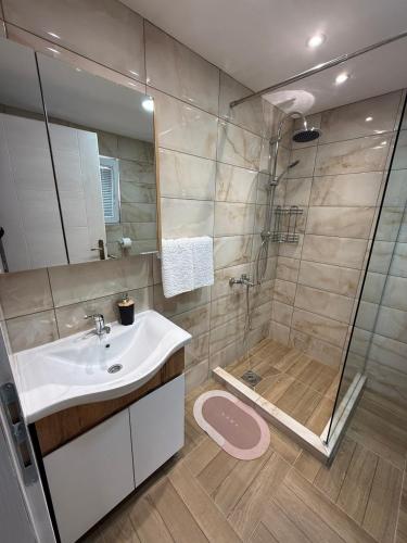 a bathroom with a sink and a shower at Deskom Stan na dan in Despotovac