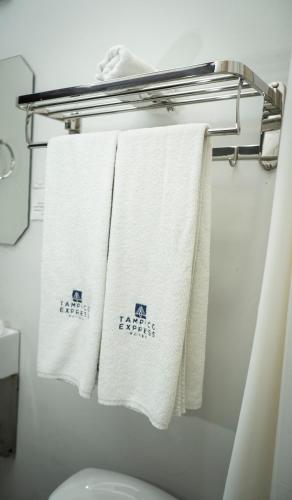 a bathroom with white towels hanging on a rack at Hotel Tampico Express in Ciudad Madero