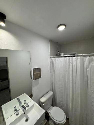 ein Badezimmer mit weißer Toilette und Waschbecken in der Unterkunft Urban River Hostel in Corrientes