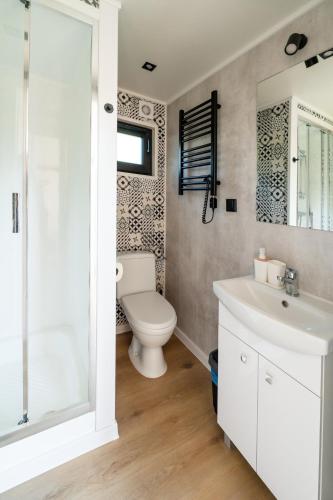 a bathroom with a white toilet and a sink at Euforia Górzno - nowoczesne domki nad jeziorem z sauną, balią, jacuzzi in Górzno