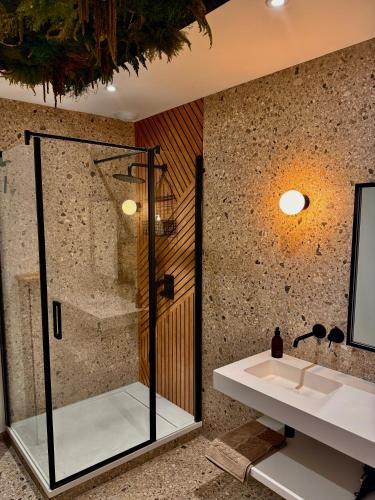 a bathroom with a shower and a sink at Ty Toralann in Guipavas