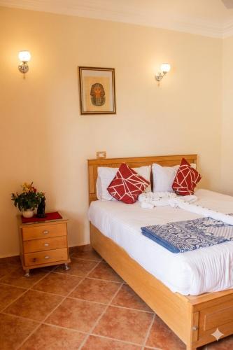 a bedroom with a bed with red pillows on it at Morning Star Apartment in Luxor