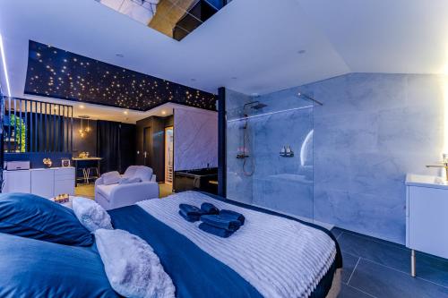a bedroom with a large bed and a shower at Le Céleste - Suite romantique immersive climatisée, sauna et spa privatif in Lesparre-Médoc